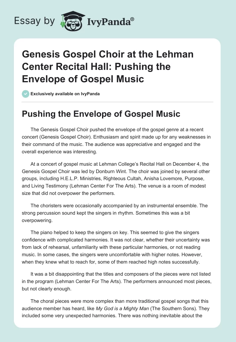 Genesis Gospel Choir at the Lehman Center Recital Hall: Pushing the Envelope of Gospel Music. Page 1