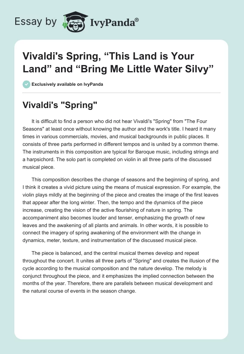 Vivaldi's "Spring", “This Land is Your Land” and “Bring Me Little Water Silvy”. Page 1