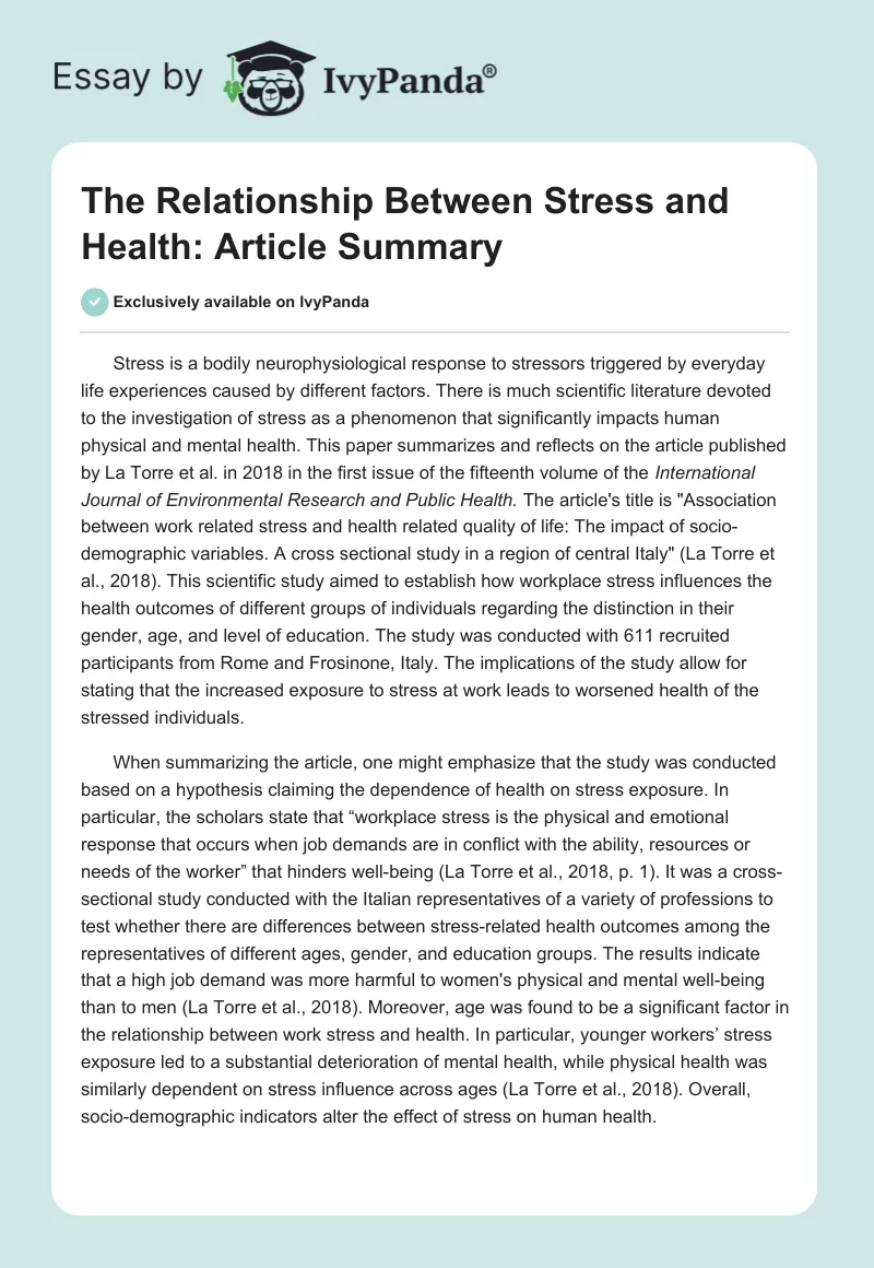 The Relationship Between Stress and Health: Article Summary. Page 1