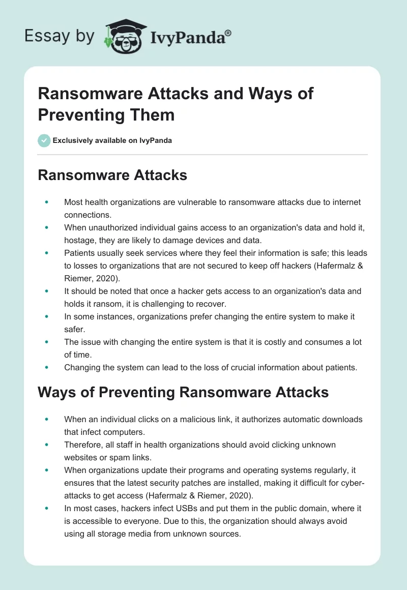 Ransomware Attacks and Ways of Preventing Them. Page 1