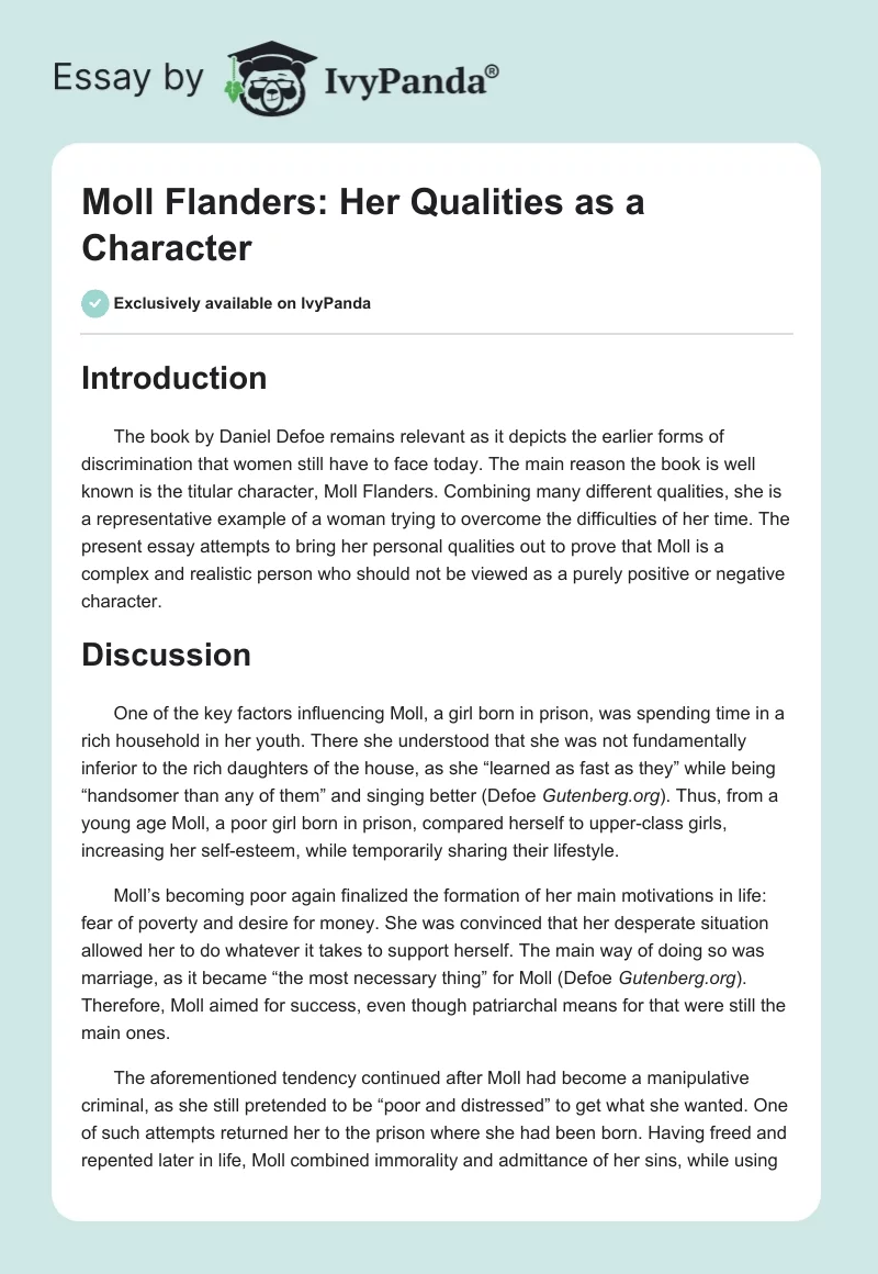 Moll Flanders: Her Qualities as a Character. Page 1