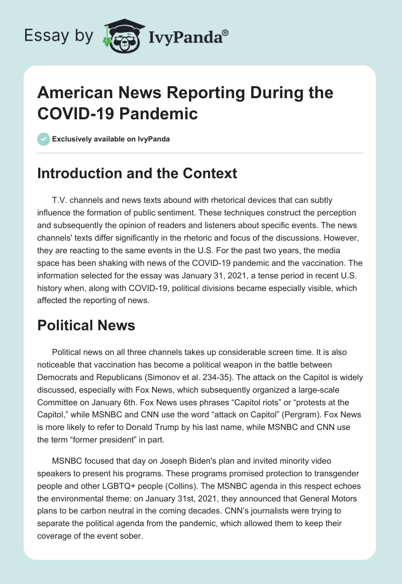 American News Reporting During the COVID-19 Pandemic. Page 1