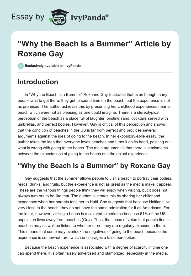 “Why the Beach Is a Bummer” Article by Roxane Gay. Page 1