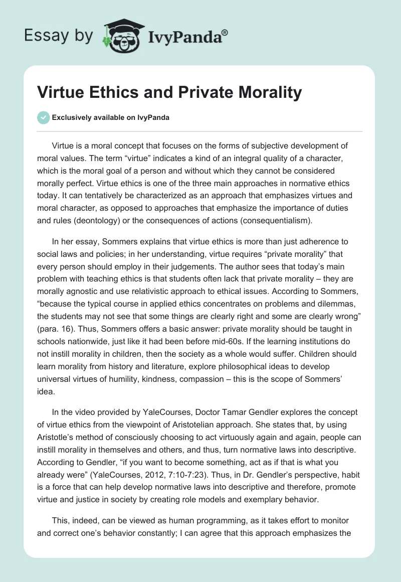 Virtue Ethics and Private Morality. Page 1
