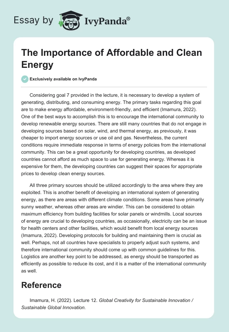 The Importance of Affordable and Clean Energy. Page 1