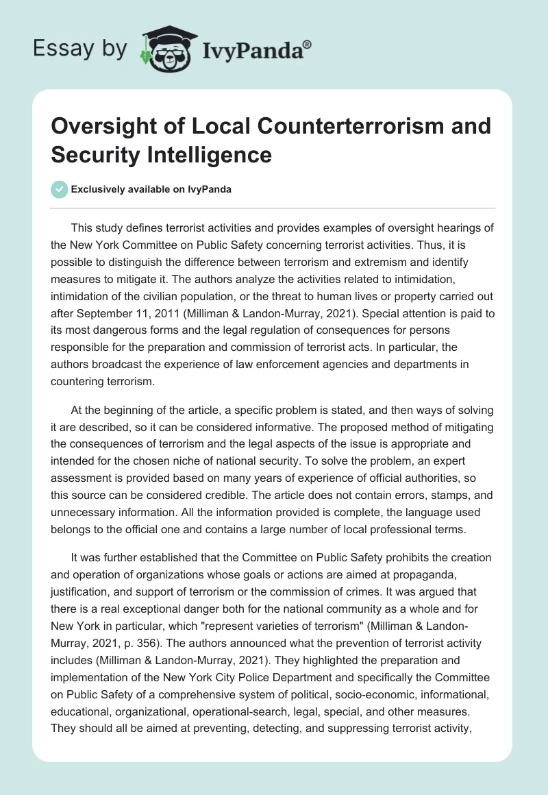 Oversight of Local Counterterrorism and Security Intelligence. Page 1