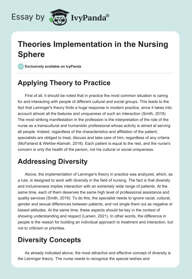 Theories Implementation in the Nursing Sphere. Page 1