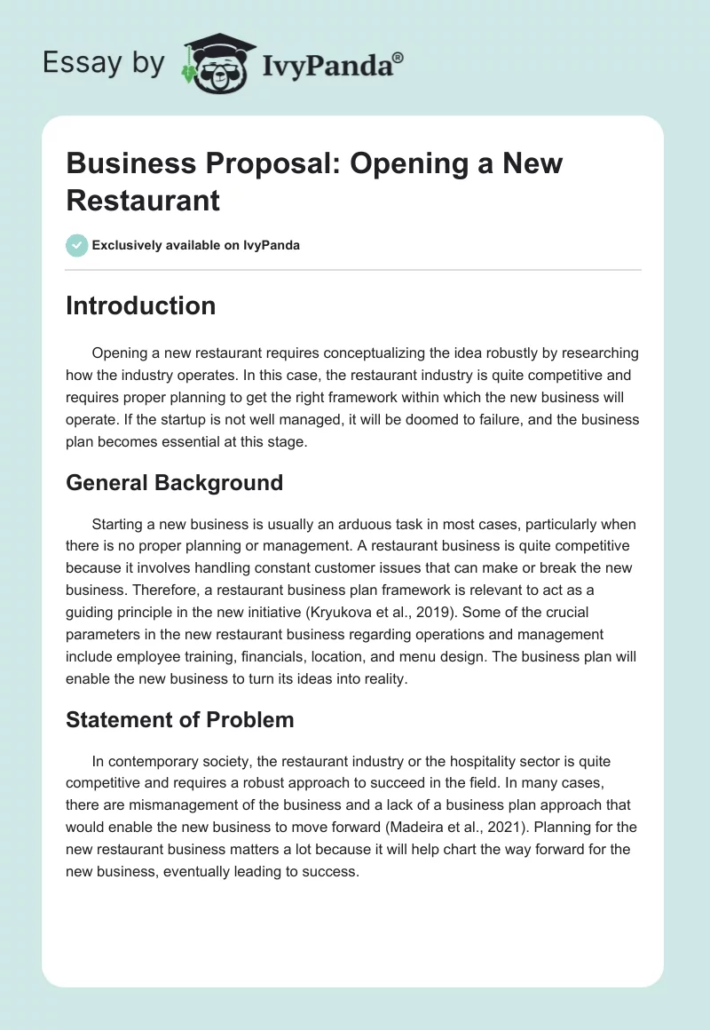 Business Proposal: Opening a New Restaurant. Page 1