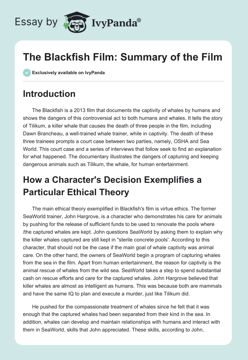 "The Blackfish" Film: Summary of the Film. Page 1