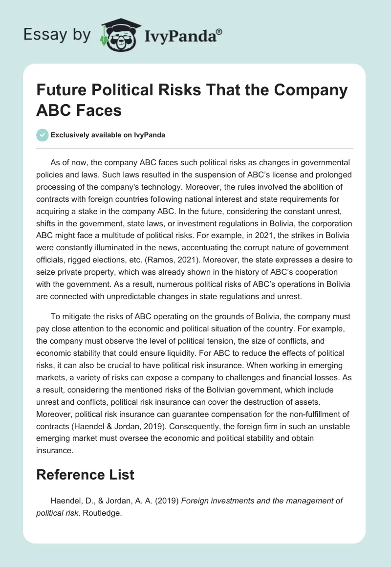 Future Political Risks That the Company ABC Faces. Page 1