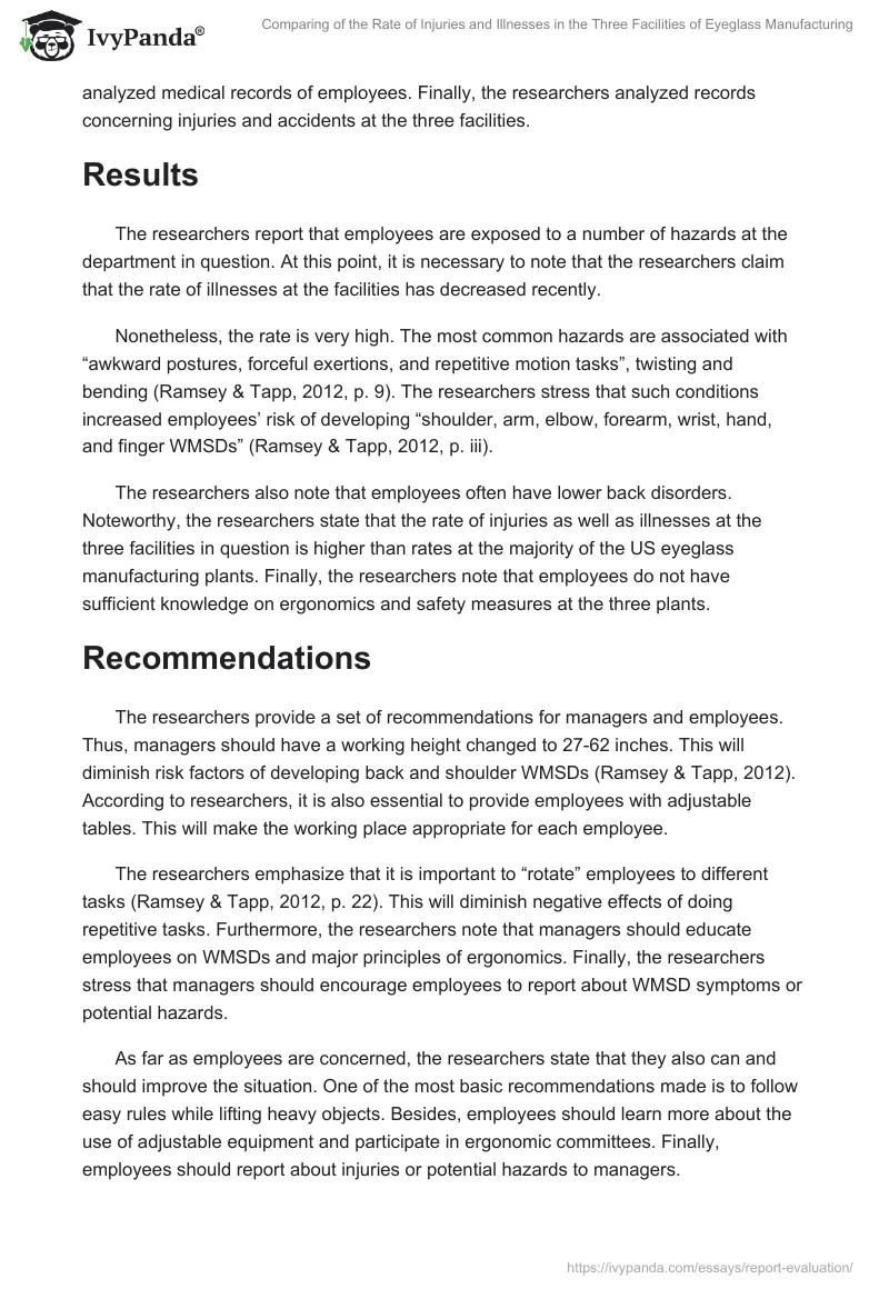 Comparing of the Rate of Injuries and Illnesses in the Three Facilities of Eyeglass Manufacturing. Page 2
