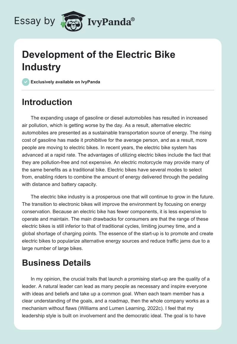 Development of the Electric Bike Industry. Page 1