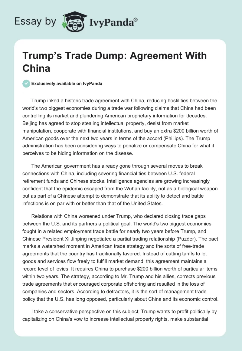 Trump’s Trade Dump: Agreement With China. Page 1