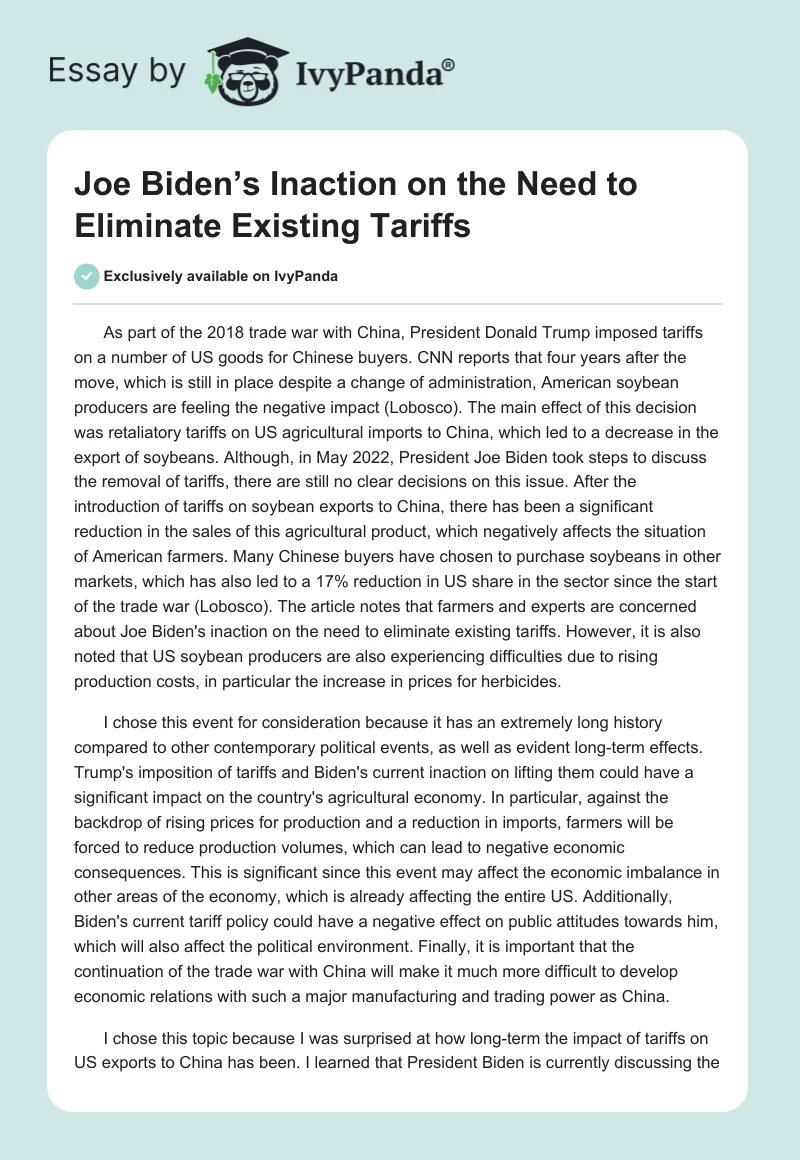 Joe Biden’s Inaction on the Need to Eliminate Existing Tariffs. Page 1