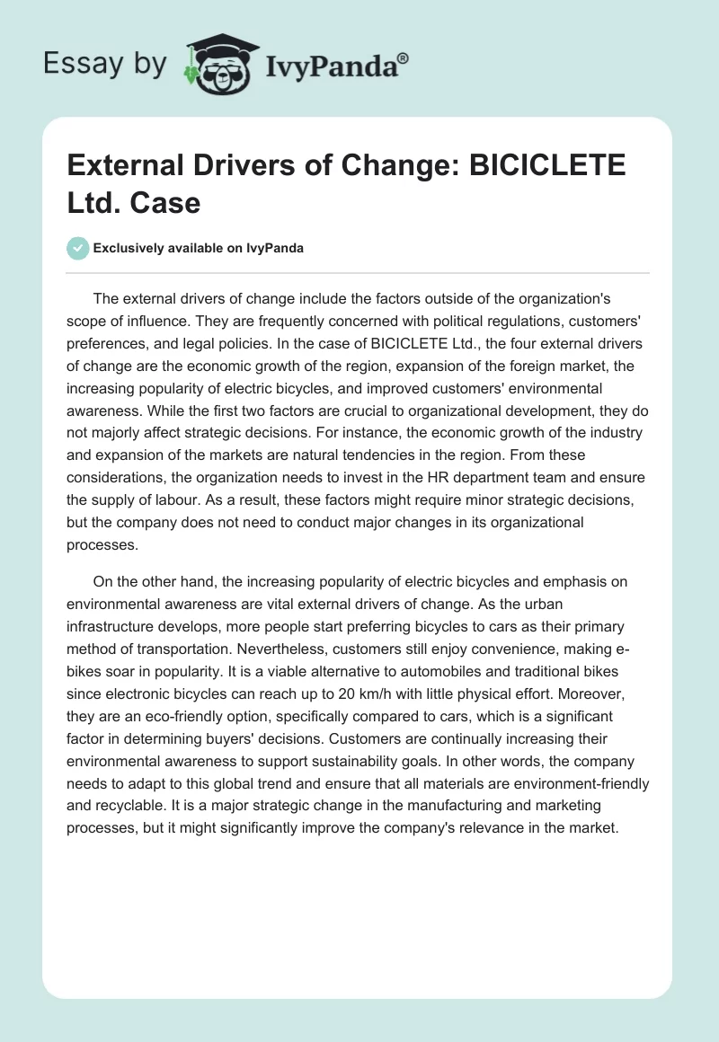 External Drivers of Change: BICICLETE Ltd. Case. Page 1