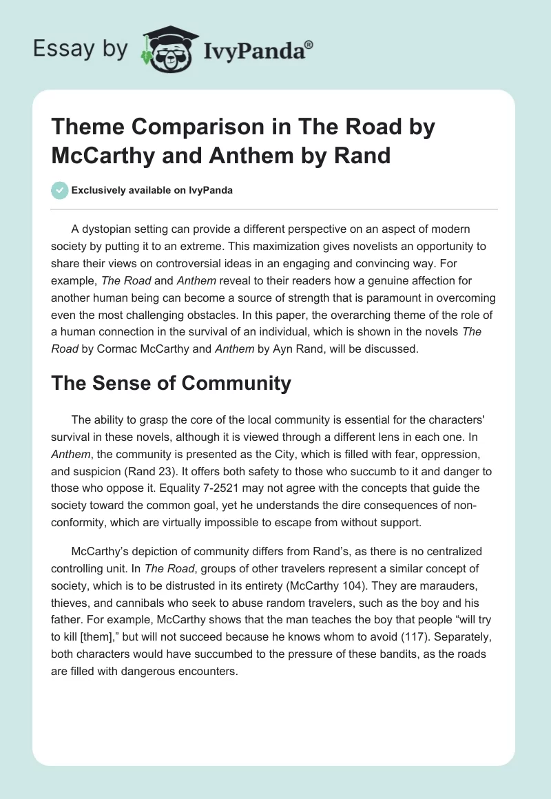 Theme Comparison in "The Road" by McCarthy and "Anthem" by Rand. Page 1