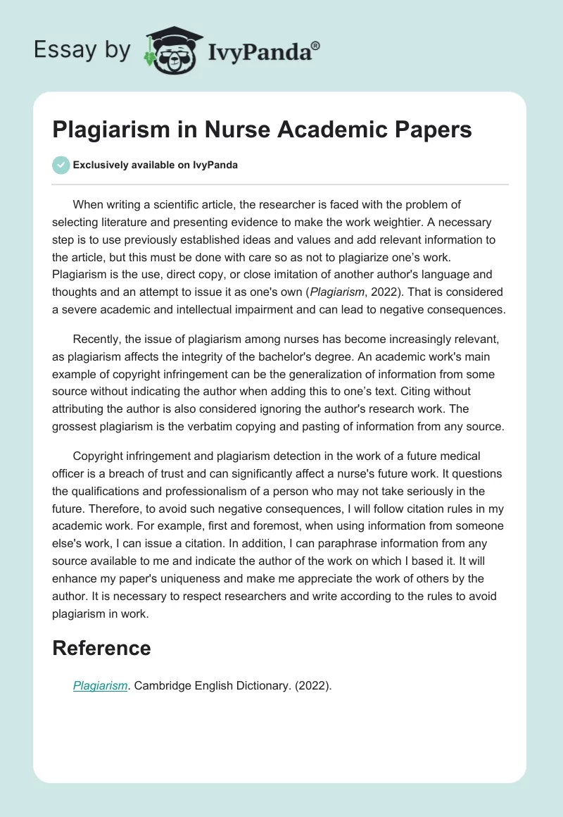 Plagiarism in Nurse Academic Papers. Page 1