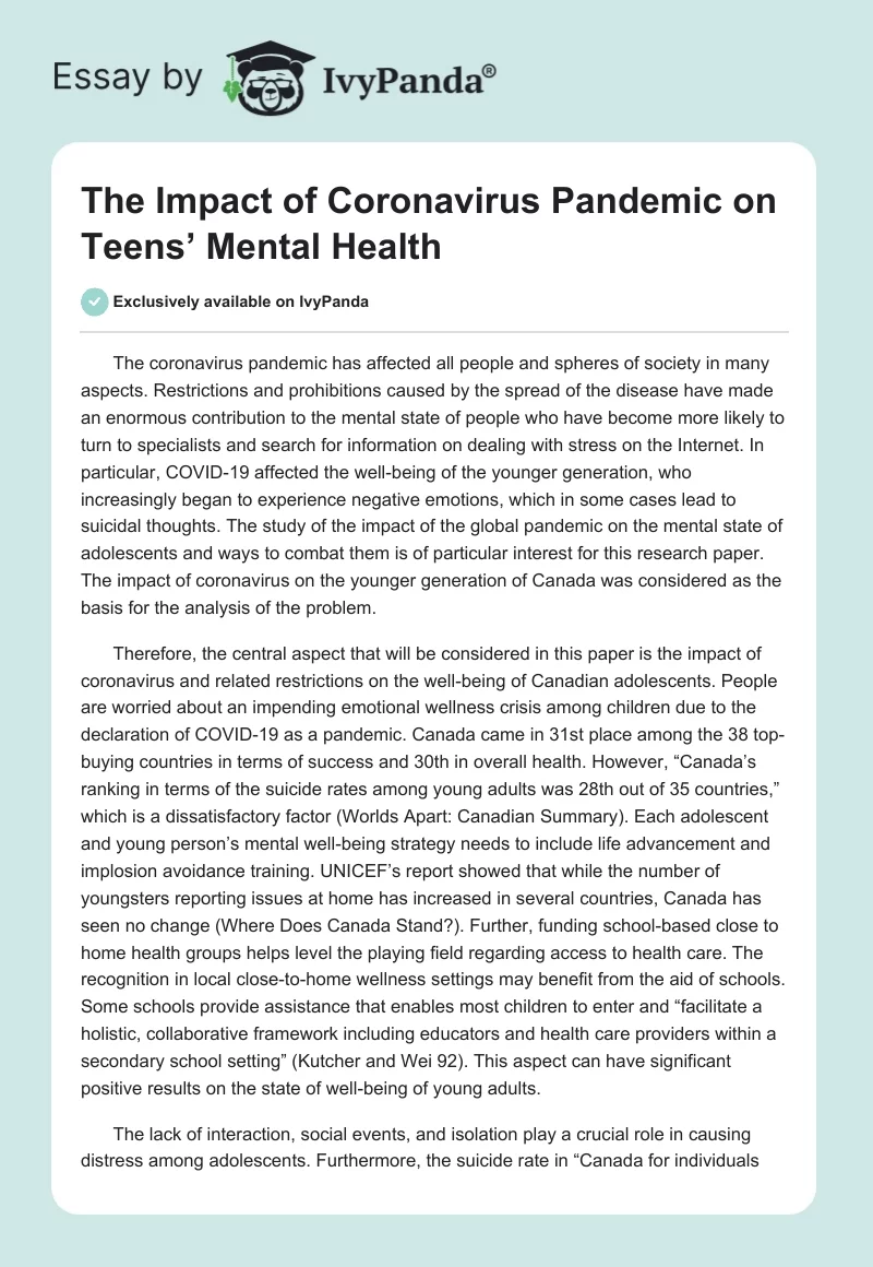 The Impact of Coronavirus Pandemic on Teens’ Mental Health. Page 1