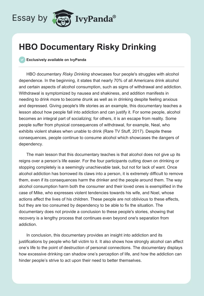 HBO Documentary Risky Drinking. Page 1