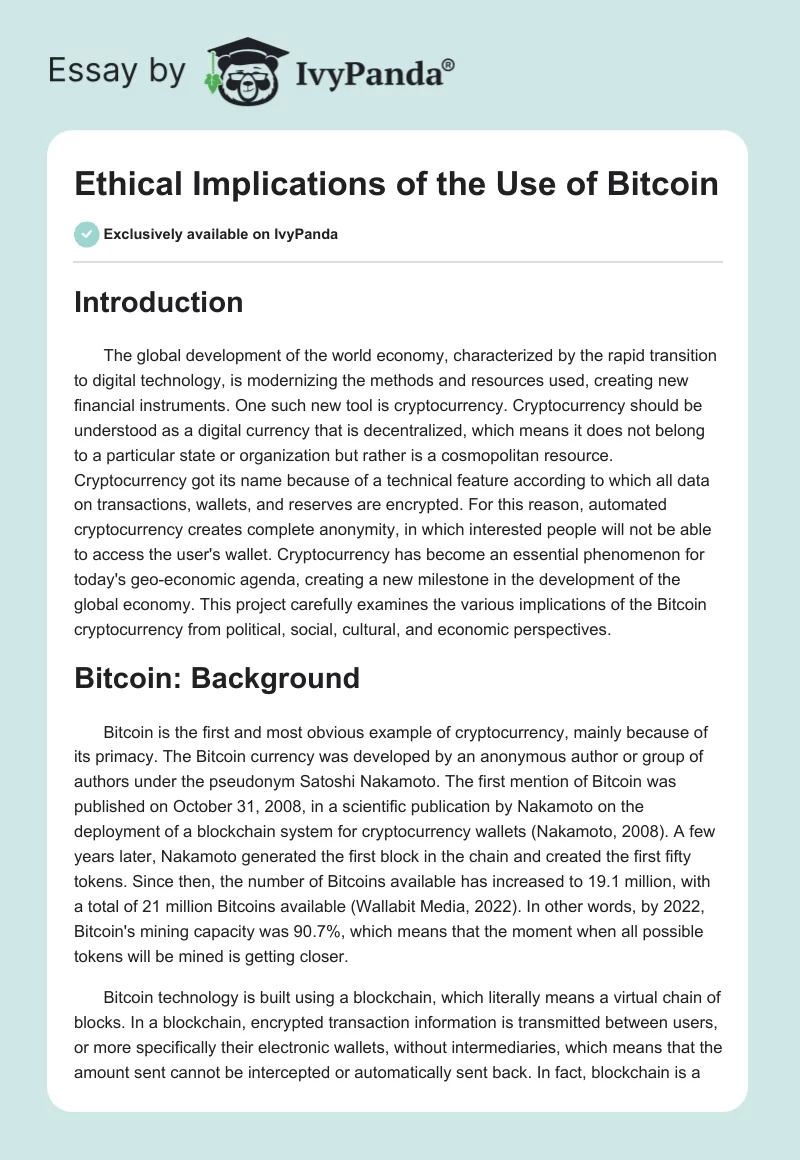 Ethical Implications of the Use of Bitcoin. Page 1