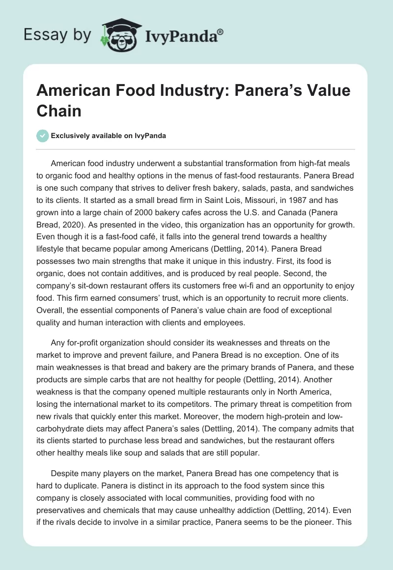 American Food Industry: Panera’s Value Chain. Page 1
