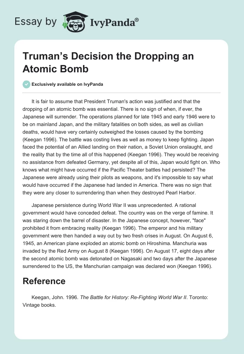 Truman’s Decision the Dropping an Atomic Bomb. Page 1