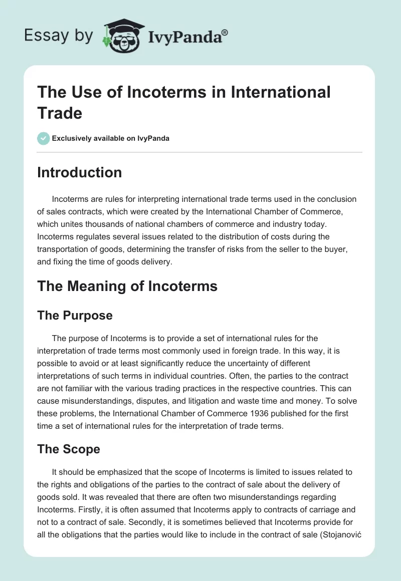 The Use of Incoterms in International Trade. Page 1