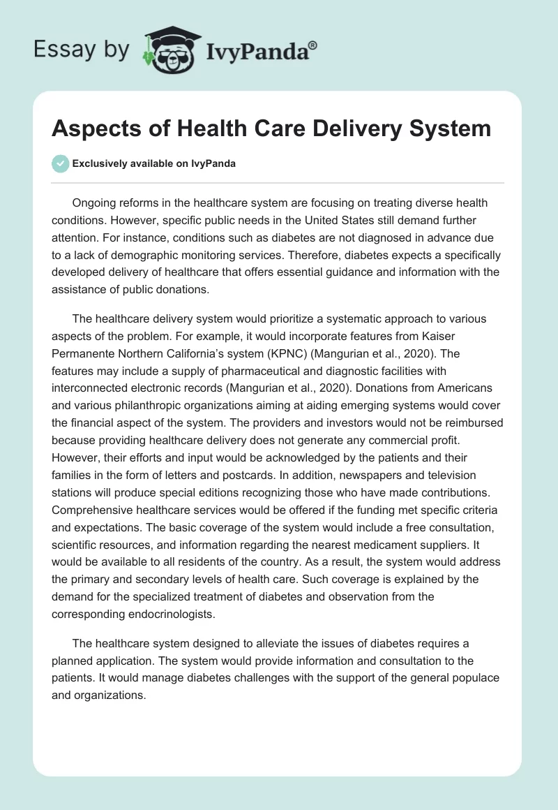 Aspects of Health Care Delivery System. Page 1