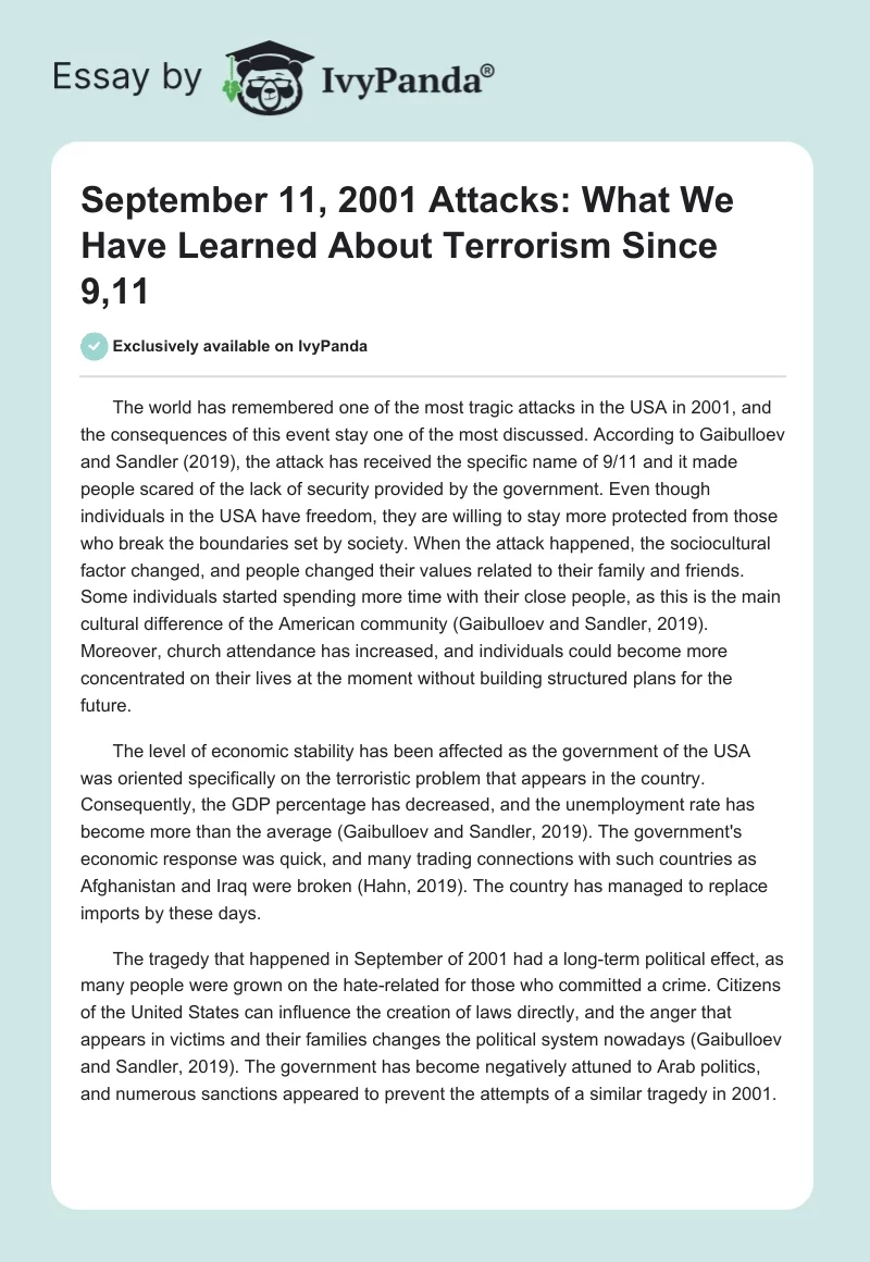 September 11, 2001 Attacks: What We Have Learned About Terrorism Since 9,11. Page 1