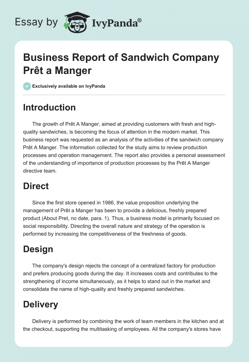 Business Report of Sandwich Company Prêt a Manger. Page 1
