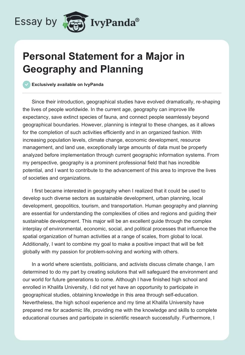 Personal Statement for a Major in Geography and Planning. Page 1