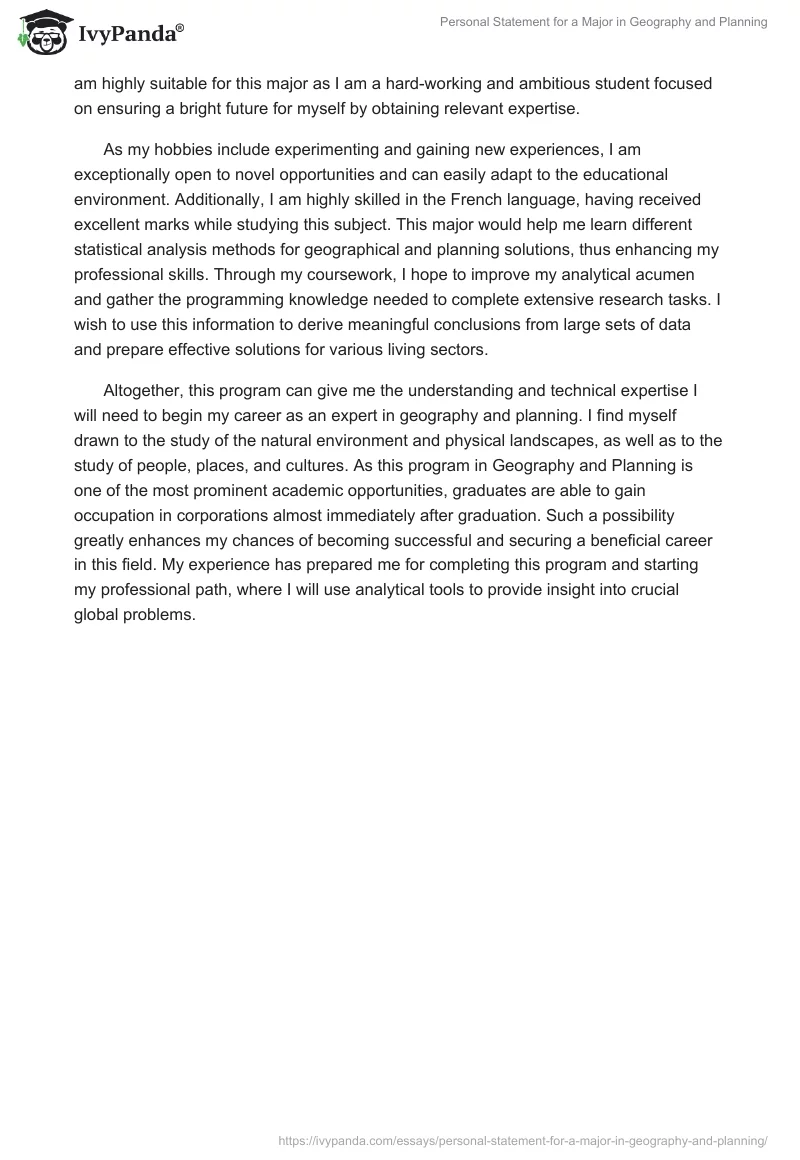 Personal Statement for a Major in Geography and Planning. Page 2