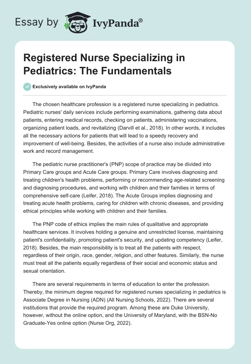Registered Nurse Specializing in Pediatrics: The Fundamentals. Page 1