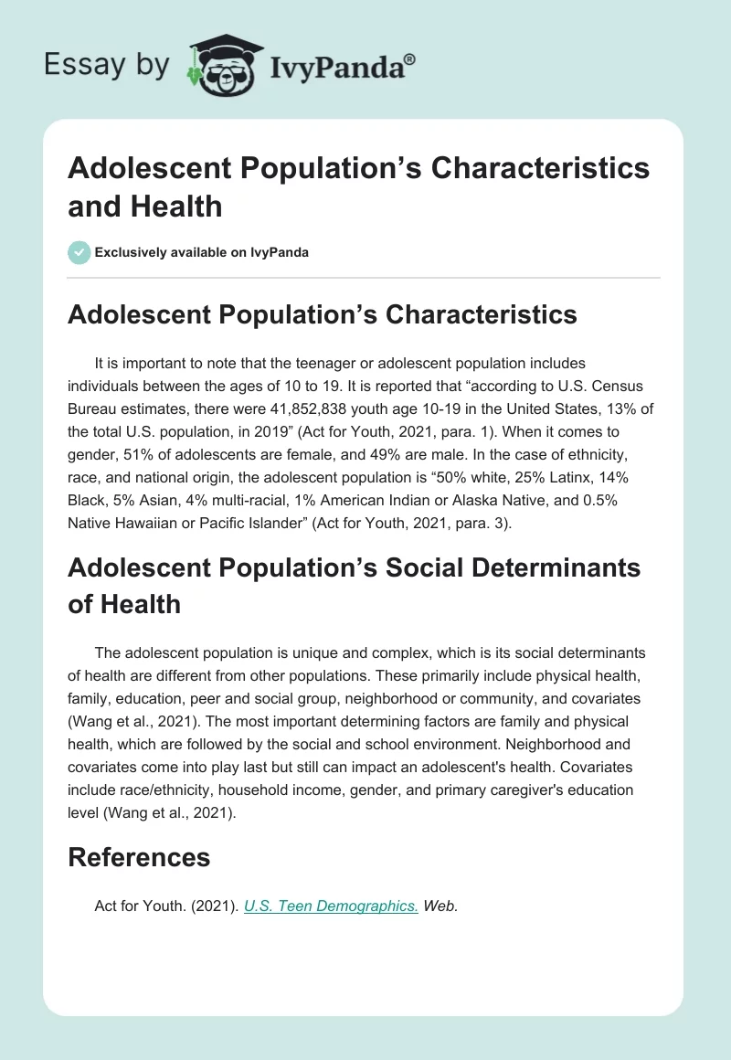 Adolescent Population’s Characteristics and Health. Page 1