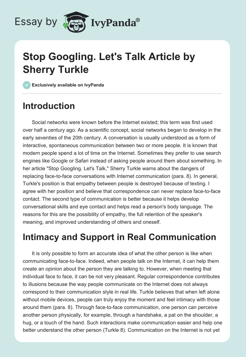"Stop Googling. Let's Talk" Article by Sherry Turkle. Page 1