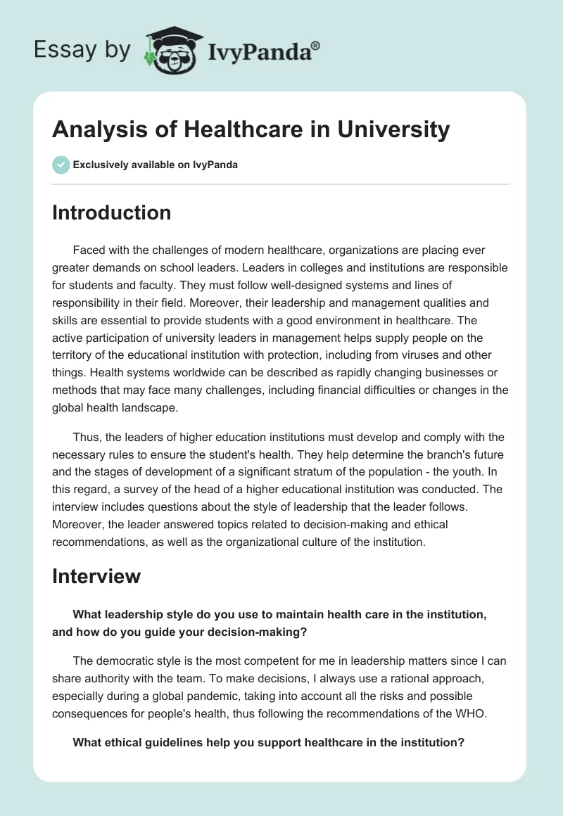 Analysis of Healthcare in University. Page 1