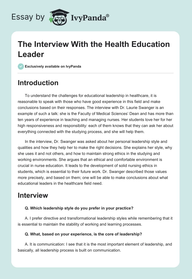 The Interview With the Health Education Leader. Page 1