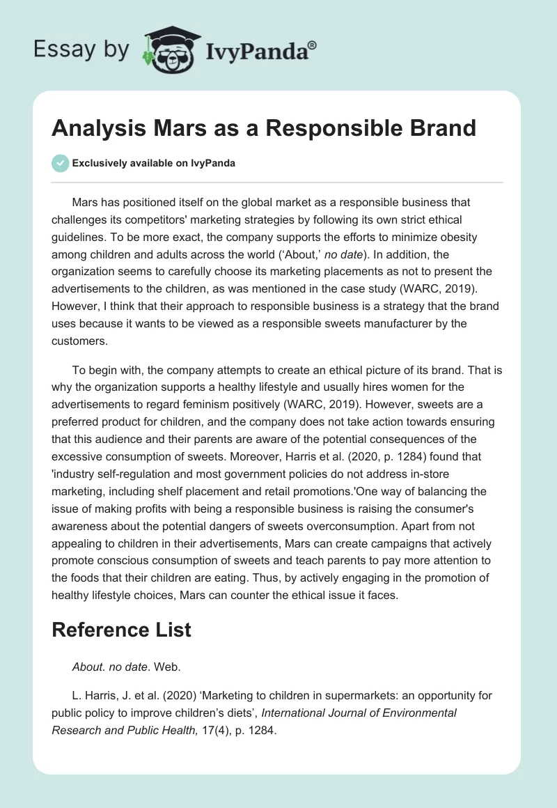 Analysis Mars as a Responsible Brand. Page 1