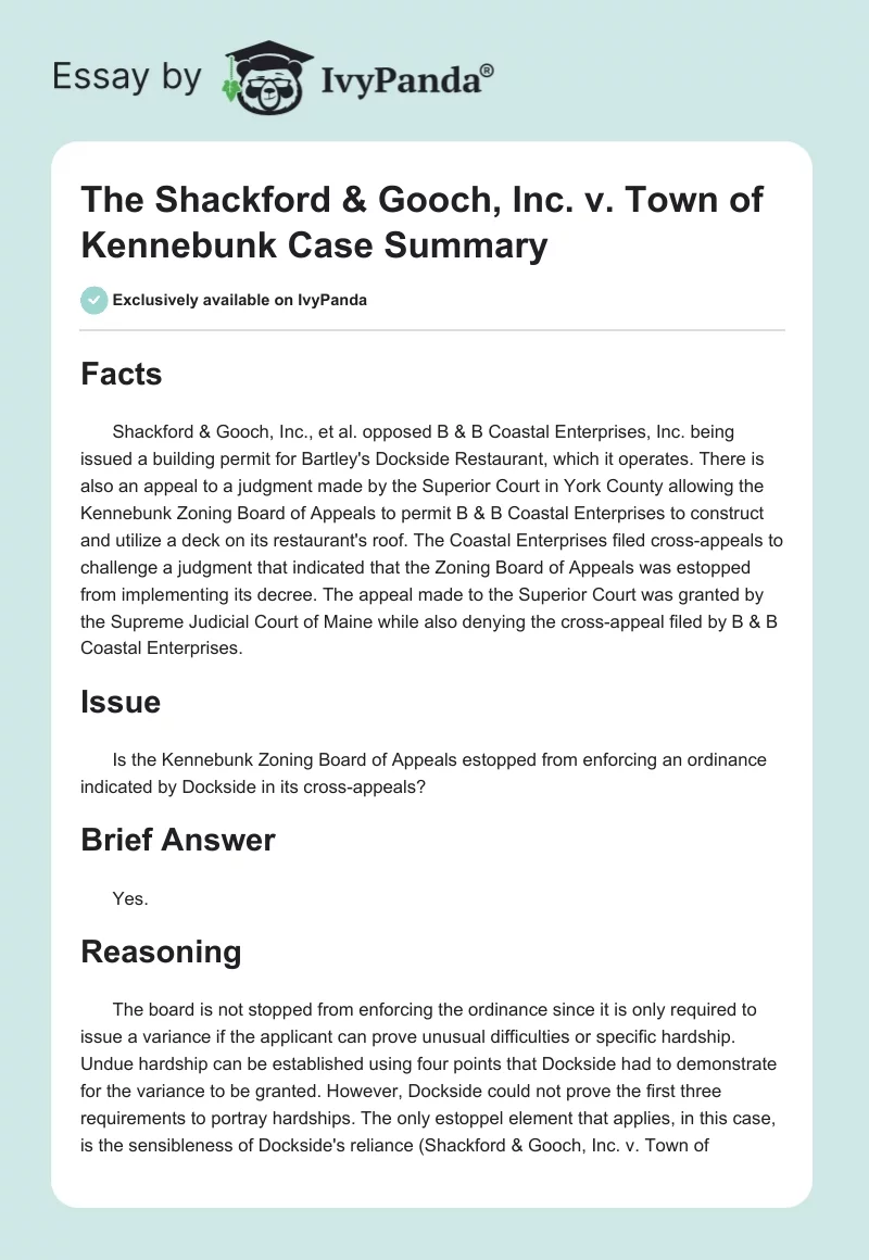 The Shackford & Gooch, Inc. v. Town of Kennebunk Case Summary. Page 1