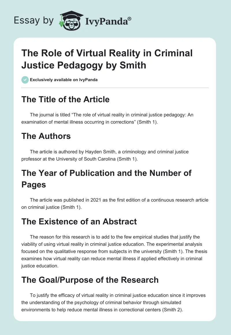 "The Role of Virtual Reality in Criminal Justice Pedagogy" by Smith. Page 1