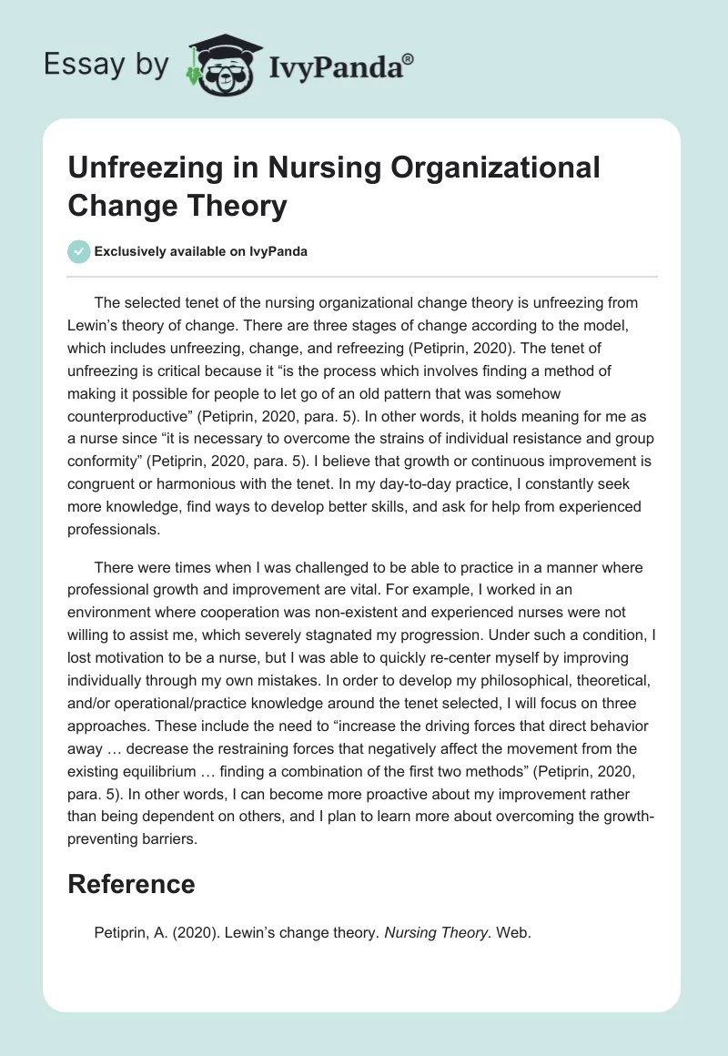 Unfreezing in Nursing Organizational Change Theory. Page 1