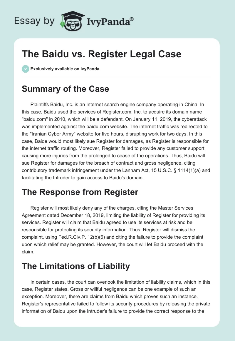 The Baidu vs. Register Legal Case. Page 1