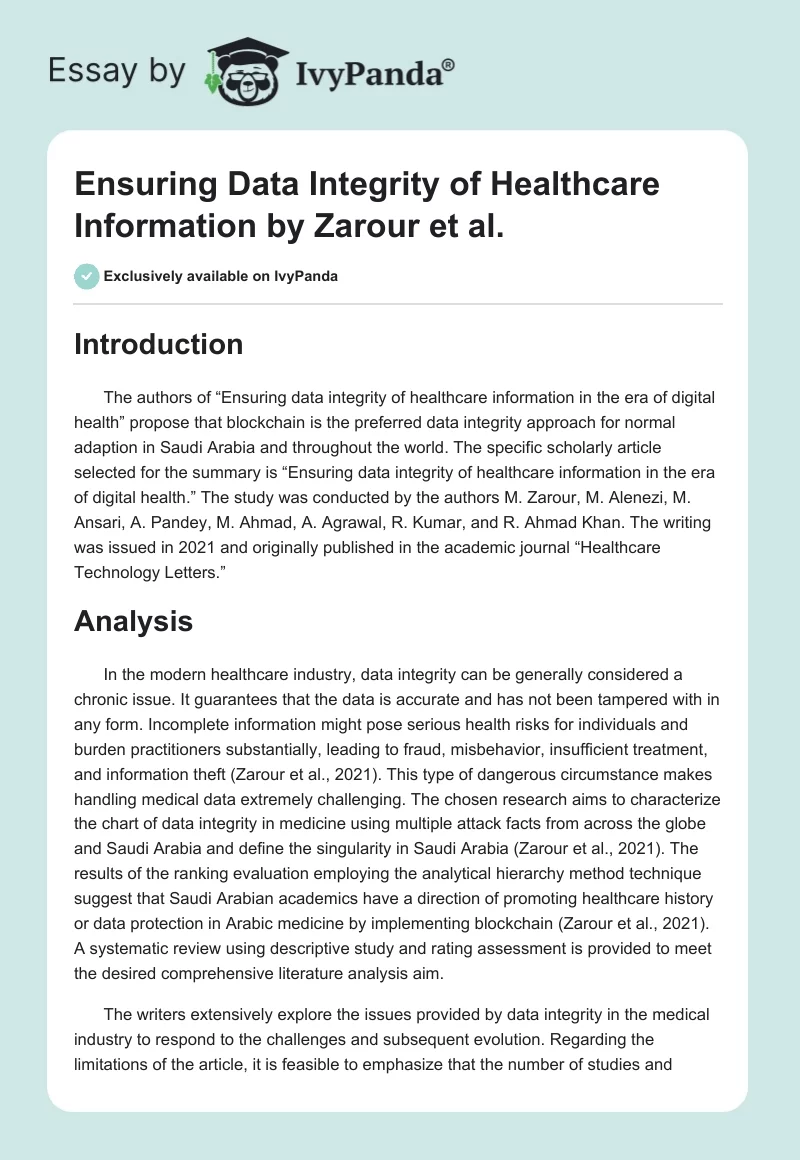 Ensuring Data Integrity of Healthcare Information by Zarour et al.. Page 1