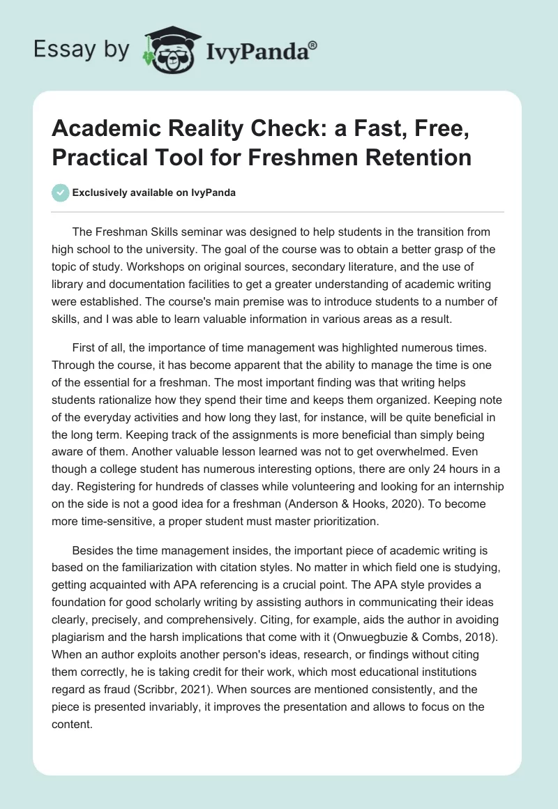 Academic Reality Check: a Fast, Free, Practical Tool for Freshmen Retention. Page 1