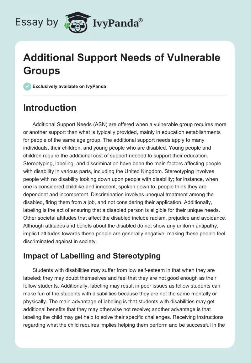 Additional Support Needs of Vulnerable Groups. Page 1