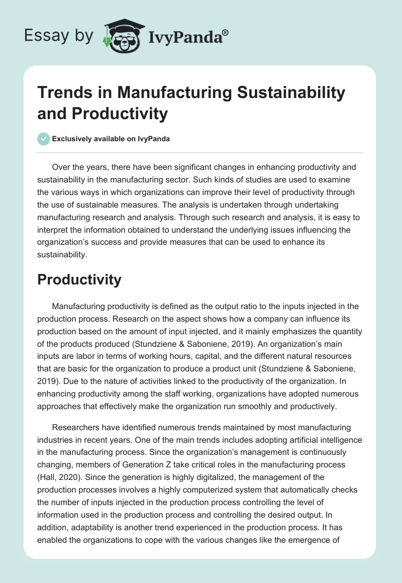 Trends in Manufacturing Sustainability and Productivity. Page 1