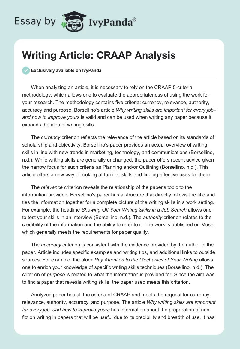 Writing Article: CRAAP Analysis. Page 1
