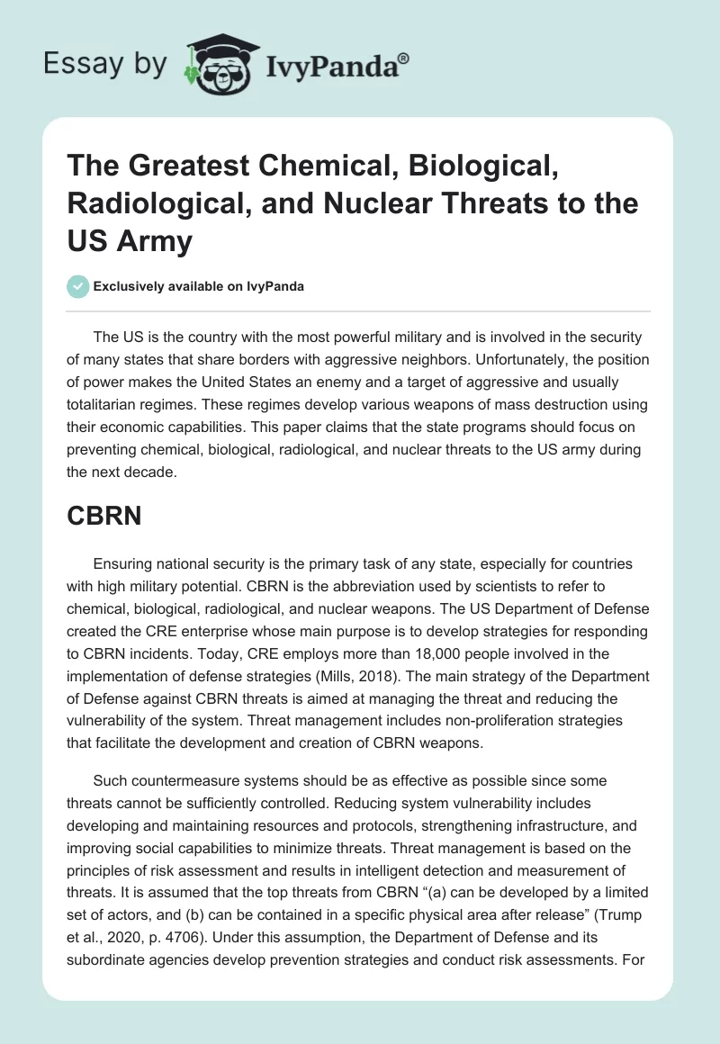 The Greatest Chemical, Biological, Radiological, and Nuclear Threats to the US Army. Page 1