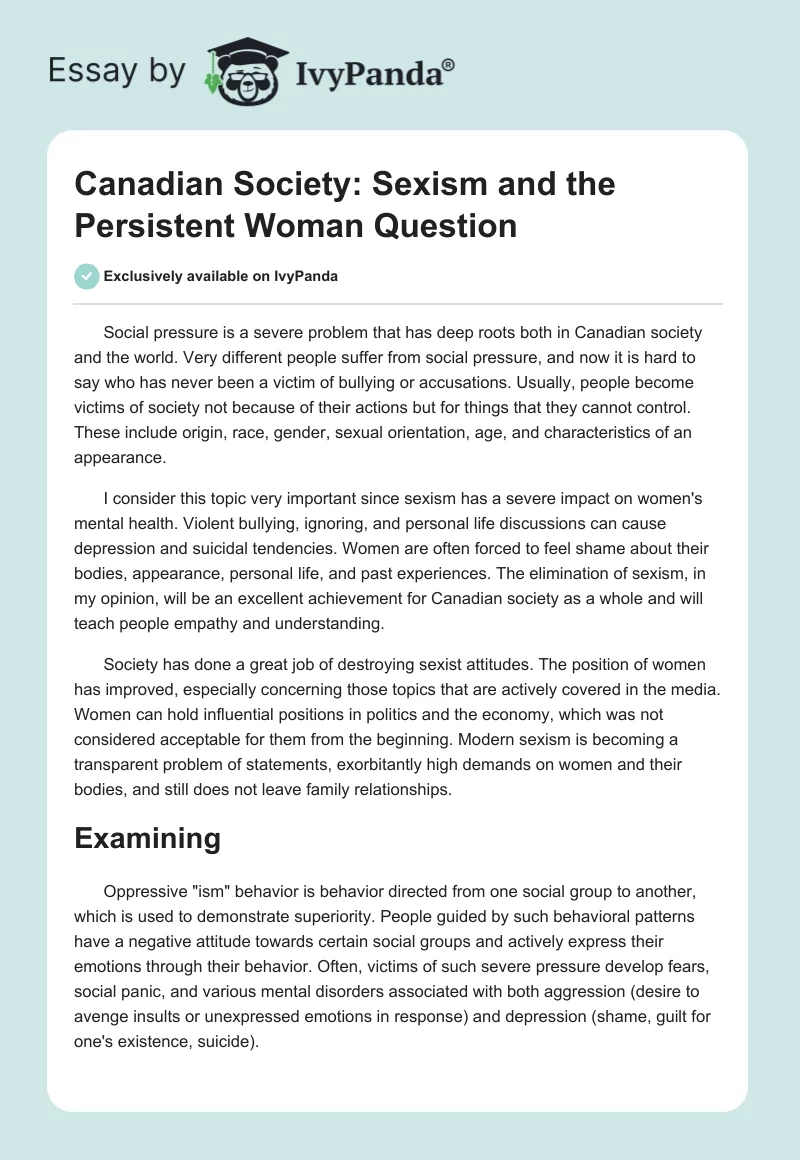 Canadian Society: Sexism and the Persistent Woman Question. Page 1