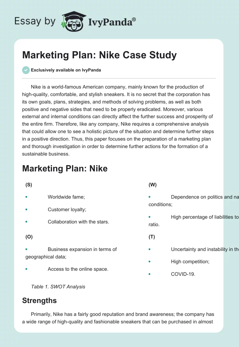 Marketing Plan: Nike Case Study. Page 1
